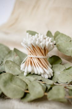 A bundle of cotton buds laying on eucalyptus leaves symbolizes eco-friendliness and natural care.