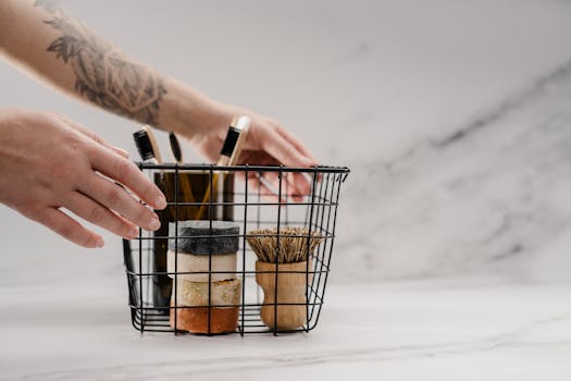 Discover zero waste bathroom essentials in a wire basket for eco-friendly living.