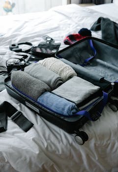 Open suitcase filled with neatly folded clothes on bed, ready for travel preparation.