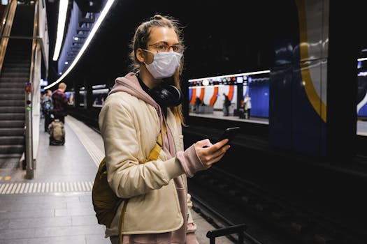 Woman with face mask holding smartphone in urban subway station during pandemic.