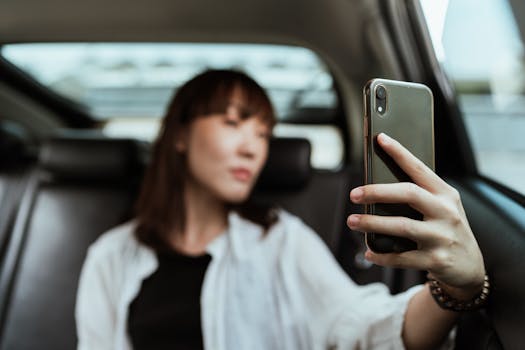 A woman takes a selfie using a smartphone inside a car, focusing on a relaxed lifestyle.