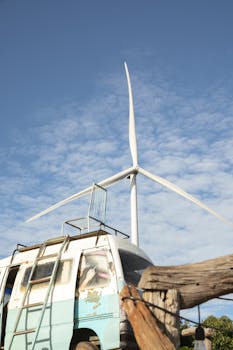 Rustic van with wind turbine backdrop in rural Dalat, Vietnam under a clear blue sky.