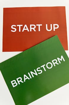 Vertical colorful placards with the words 'Start Up' and 'Brainstorm,' ideal for business concepts.